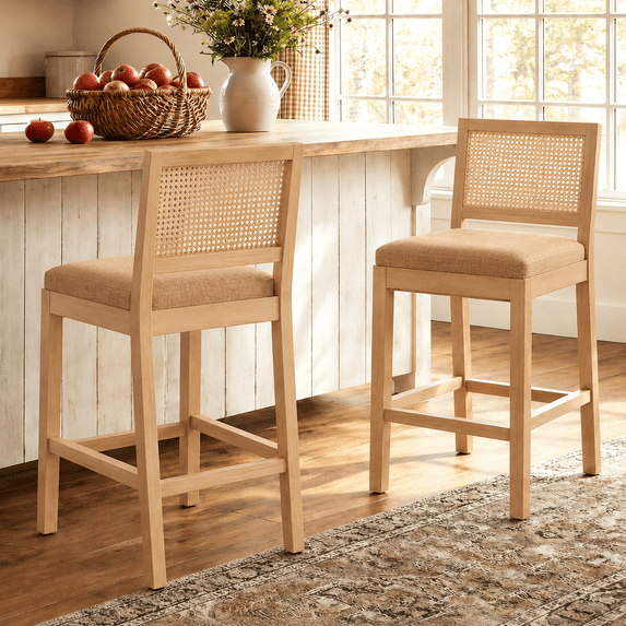 Bar Stools Set of 2, LEGAHOME 28" Bar Height Bar Stool, Farmhouse Linen Upholstered Bar Stool with Cane Back, Wood Bar Chairs for Kitchen Island Dining Room, Suitable for 40"-42" Table, Tan
