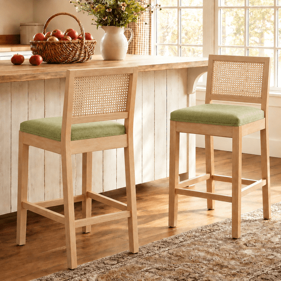 Bar Stools Set of 2, LEGAHOME 28" Bar Height Bar Stool, Farmhouse Linen Upholstered Bar Stool with Cane Back, Wood Bar Chairs for Kitchen Island Dining Room, Suitable for 40"-42" Table, Green