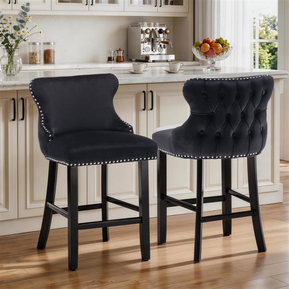 Bar Stools Set of 2, LegaHome 26" Counter Height Bar Stools with Back Sets of 2, Velvet Upholstered Bar Stool with Button Tufted & Nailhead Trim, Counter Stool for 35-39" Kitchen Island, Black