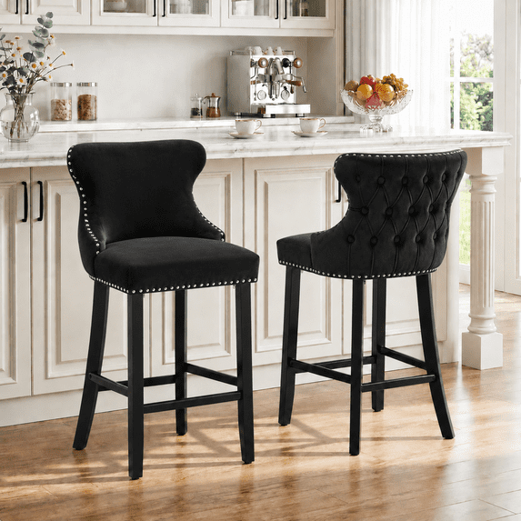 Bar Stools Set of 2, LegaHome 26" Counter Height Bar Stools with Back Sets of 2, Velvet Upholstered Bar Stool with Button Tufted & Nailhead Trim, Counter Stool for 35-39" Kitchen Island, Black