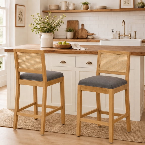 Bar Stools Set of 2, LEGAHOME 28" Bar Height Bar Stool, Farmhouse Linen Upholstered Bar Stool with Cane Back, Wood Bar Chairs for Kitchen Island Dining Room, Suitable for 40"-42" Table, Beige Gray