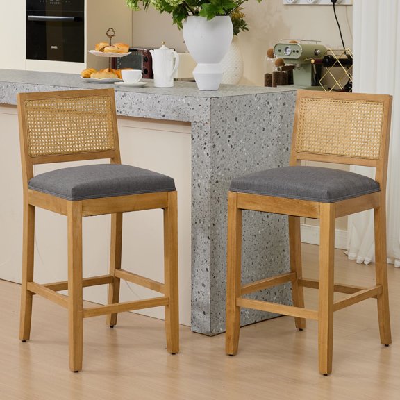 Bar Stools Set of 2, Legahome 28" Bar Height Bar Stool, Linen Upholstered Bar Stool with Rattan-Back, Farmhouse Boho Solid Wood Bar Stools Set for Kitchen Island Dining Room, Gray