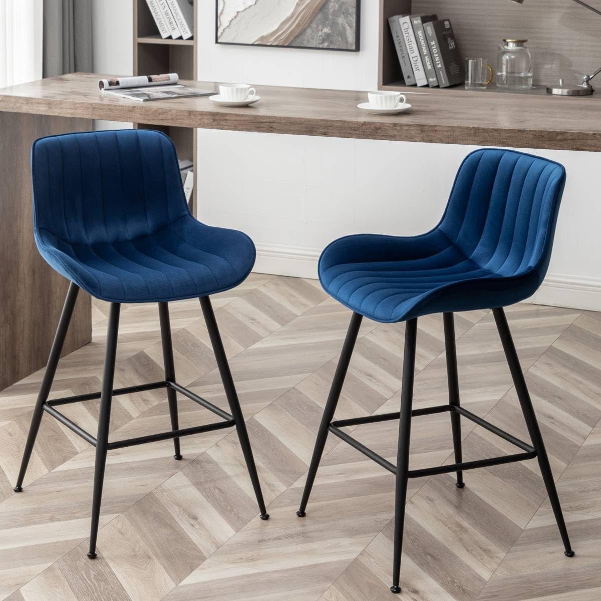 Bar Stools Set of 2 - Luxury Bar Stools Counter Height Barstool 24 Inch Seat Height Upholstered  Barstool Set of 2 Blue Counter Stools for Kitchen ,  Counter, Bar Pub (Blue).