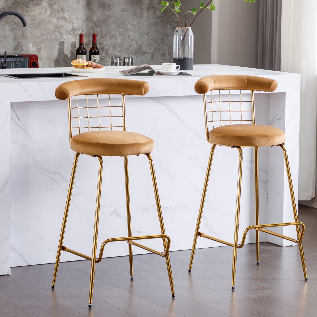 Bar Stools Set of 2,Luxury Velvet Counter Height Bar Stools with Metal