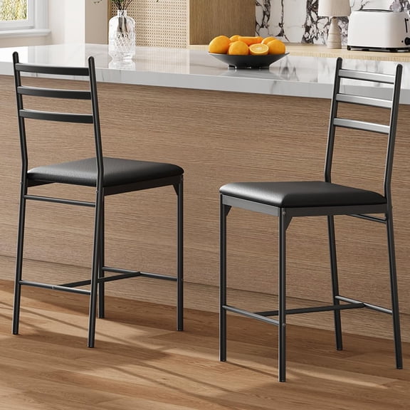 Bar Stools Set of 2, Metal Counter Height Bar Chairs with Back and Thick Cushion, Upholstered Dining Chairs with Padded Seat, Barstools for Kitchen Island, Bar, Dining Room, Black，22-inch
