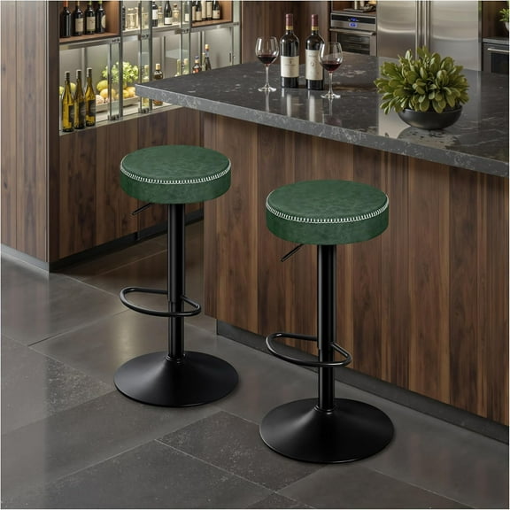 Bar Stools Set of 2 Microfiber Leather Counter Height Bar Stools with Round Seat Adjustable Swivel Backless Barstools Modern Tall Bar Chairs for Kitchen Island Green(24-33 Inch,330lbs)
