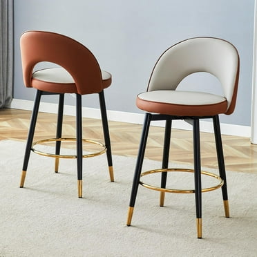Bar Stools Set of 2, Modern Faux Leather Barstools with Backrest and Metal Legs, 360° Swivel Counter Stools 25-inch Seat Height for Kitchen Island, Coffee Bar (Gray+Brown, Set of 2)
