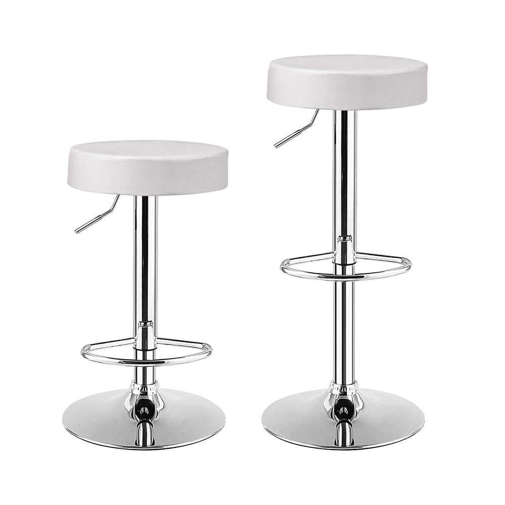 White Adjustable Swivel Backless Leather Bar Stools, Set of 2