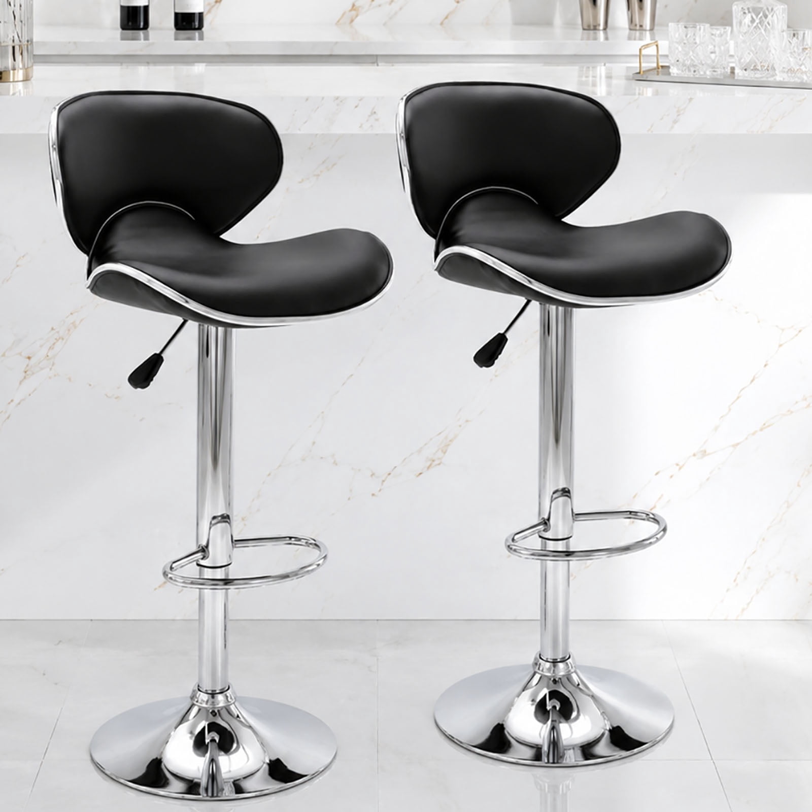 Adjustable Swivel Bar Stools Set of 2 , Modern PU Leather Upholstered Bar Chairs with Chrome Base for Kitchen Island, Dining Room, Pub, Counter (Black,Silver Base)