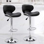 Adjustable Swivel Bar Stools Set of 2 , Modern PU Leather Upholstered Bar Chairs with Chrome Base for Kitchen Island, Dining Room, Pub, Counter (Black,Silver Ba