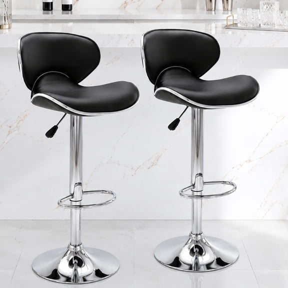 Adjustable Swivel Bar Stools Set of 2 , Modern PU Leather Upholstered Bar Chairs with Chrome Base for Kitchen Island, Dining Room, Pub, Counter (Black,Silver Base)