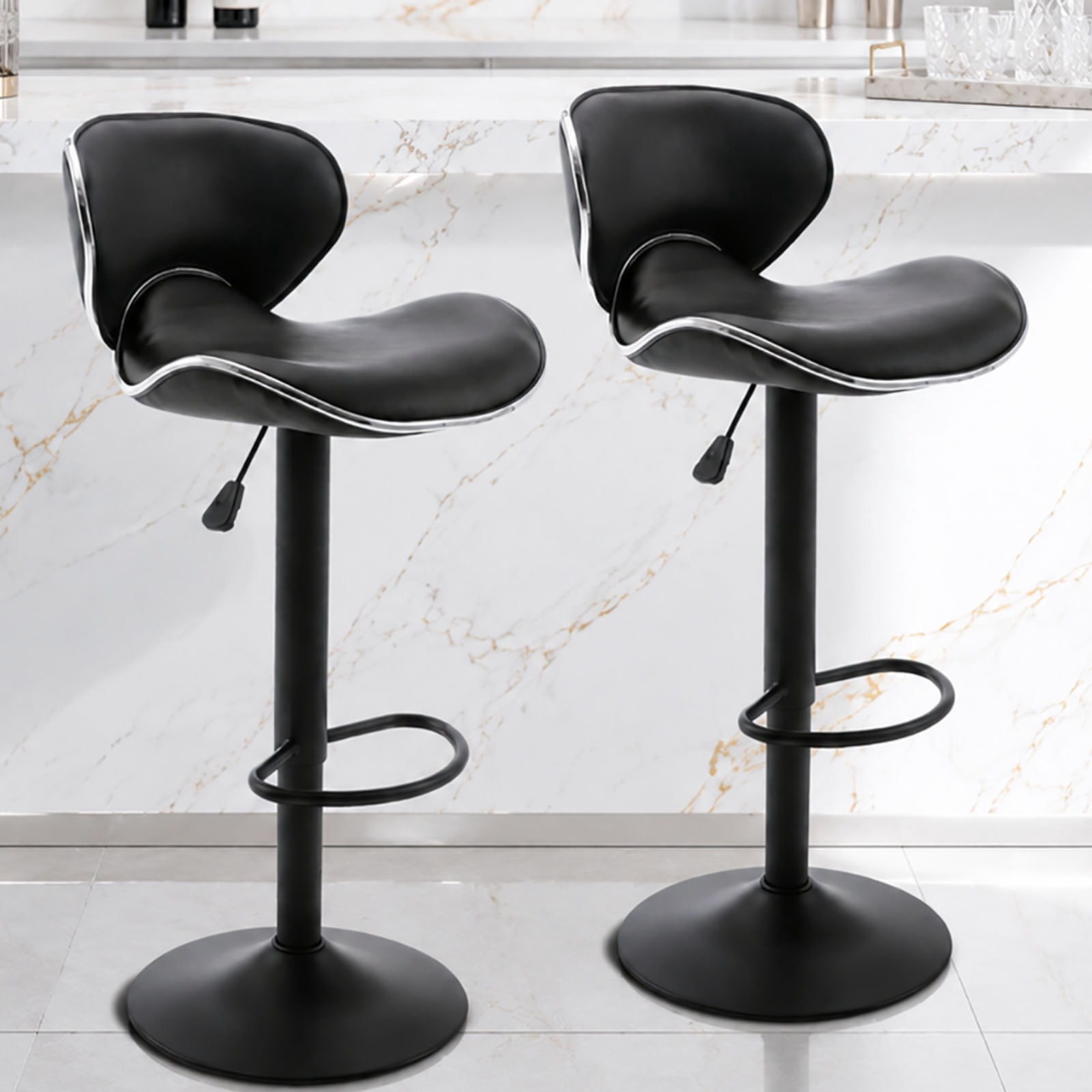 Adjustable Swivel Bar Stools Set of 2 , Modern PU Leather Upholstered Bar Chairs with Chrome Base for Kitchen Island, Dining Room, Pub, Counter (Black,Black Base)