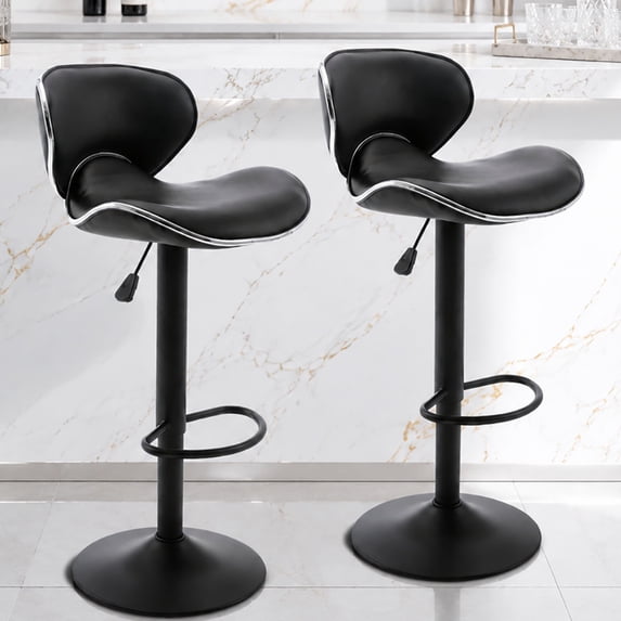 Adjustable Swivel Bar Stools Set of 2 , Modern PU Leather Upholstered Bar Chairs with Chrome Base for Kitchen Island, Dining Room, Pub, Counter (Black,Black Base)
