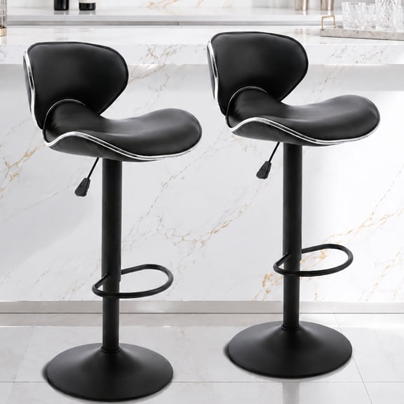 Adjustable Swivel Bar Stools Set of 2 , Modern PU Leather Upholstered Bar Chairs with Chrome Base for Kitchen Island, Dining Room, Pub, Counter (Black,Black Base)
