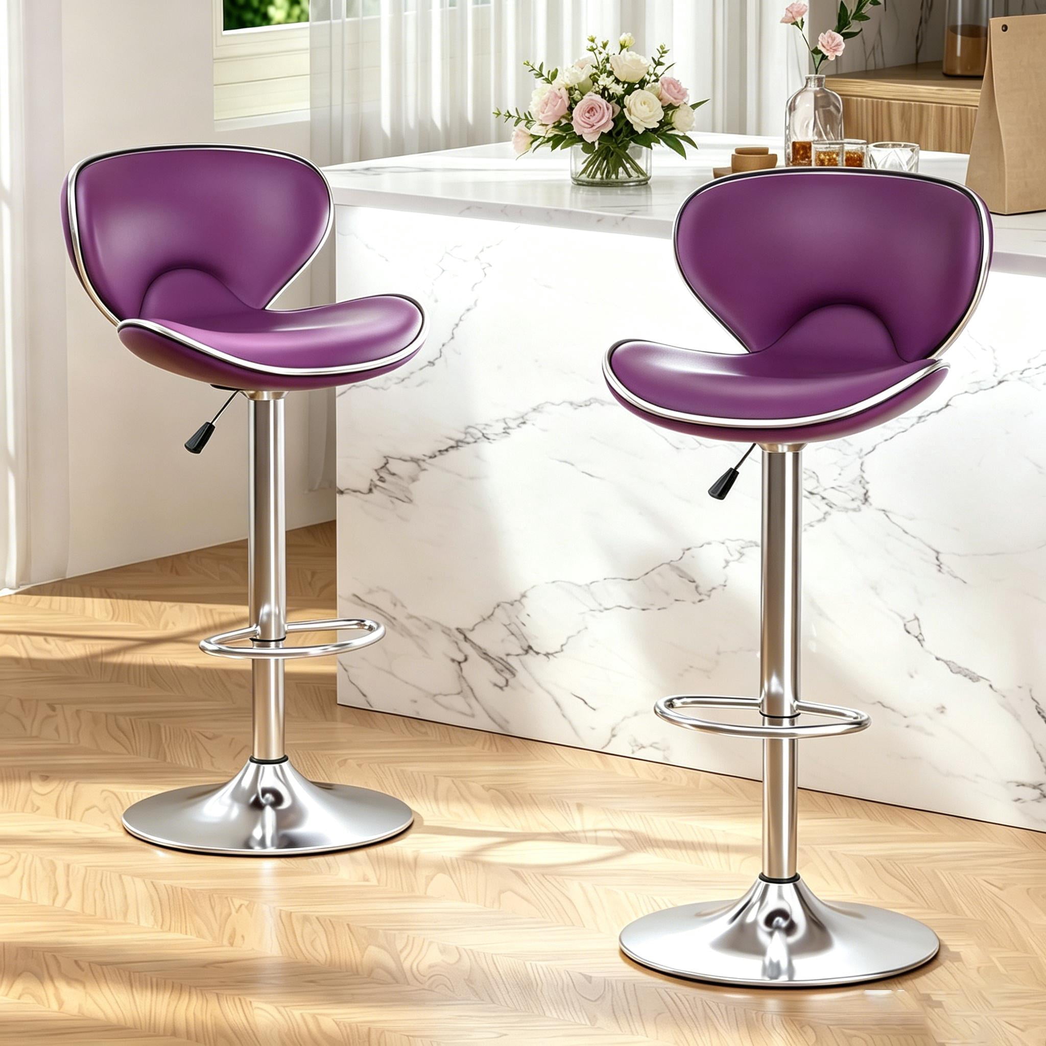 Adjustable Swivel Bar Stools Set of 2 , Modern PU Leather Upholstered Bar Chairs with Chrome Base for Kitchen Island, Dining Room, Pub, Counter (Purple)