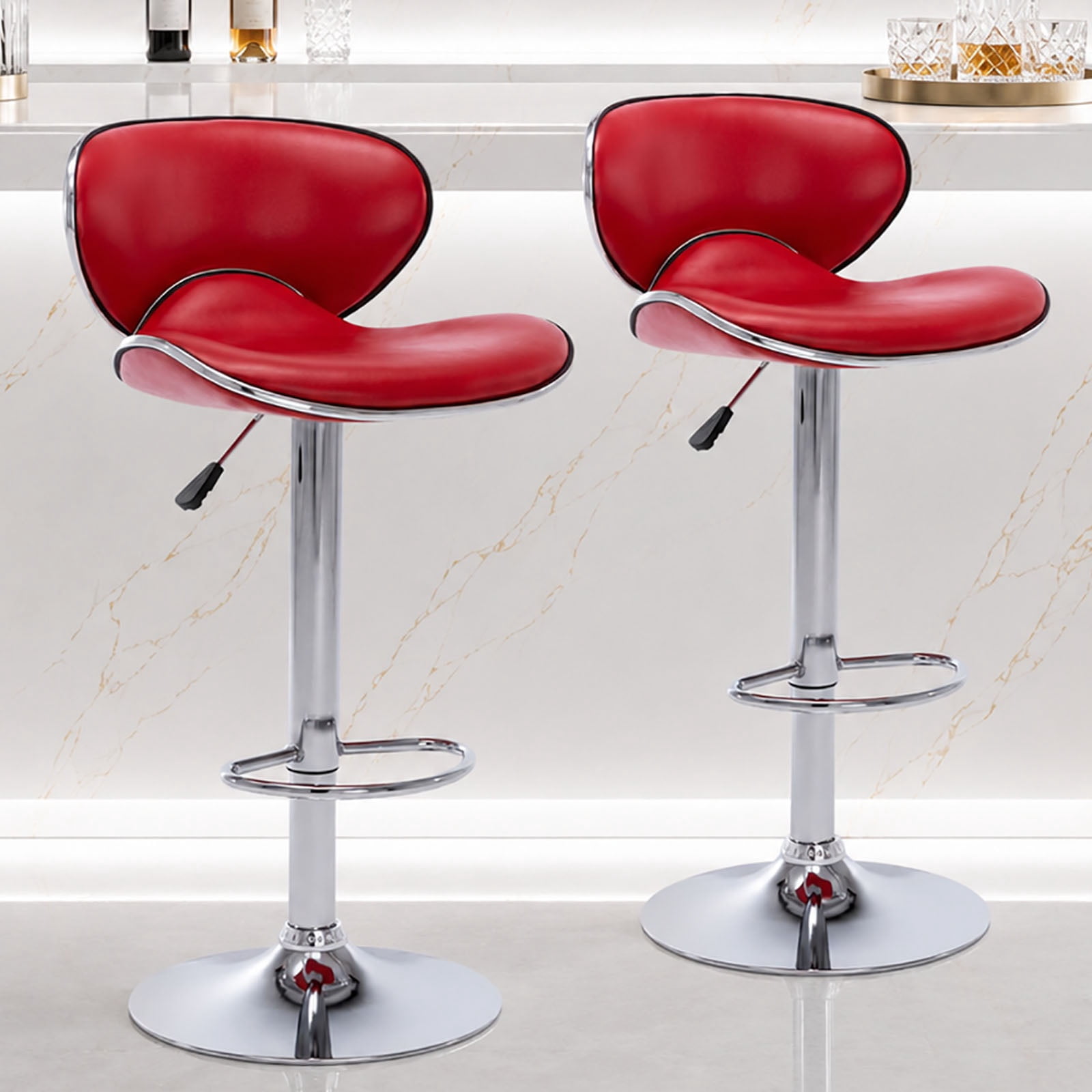 Adjustable Swivel Bar Stools Set of 2 , Modern PU Leather Upholstered Bar Chairs with Chrome Base for Kitchen Island, Dining Room, Pub, Counter (Red)