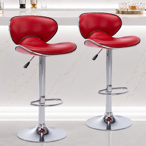 Adjustable Swivel Bar Stools Set of 2 , Modern PU Leather Upholstered Bar Chairs with Chrome Base for Kitchen Island, Dining Room, Pub, Counter (Red)