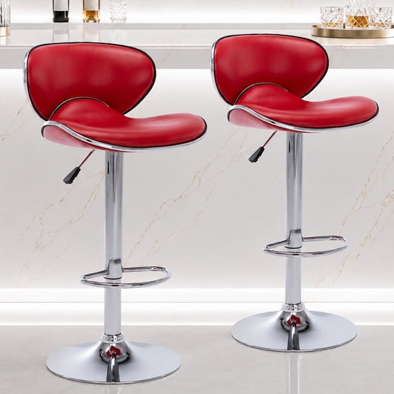 Adjustable Swivel Bar Stools Set of 2 , Modern PU Leather Upholstered Bar Chairs with Chrome Base for Kitchen Island, Dining Room, Pub, Counter (Red)