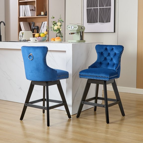 Bar Stools Set of 2, Modern Swivel Velvet Barstools with Backrest and Wooden Legs, Rivet Trim Bar Chairs with Button Tufted, Kitchen Island Chairs for Kitchen Island, Bistro, Home Bar, Blue