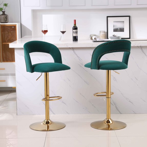 Bar Stools Set of 2 Modern Swivel Velvet Counter Height Bar Stools Adjustable Bar Chairs with Hollow Back & Footrest Upholstered Barstools for Home Bar Kitchen Island Chair, Emerald