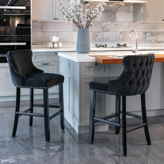 Bar Stools Set of 2, Modern Velvet Upholstered Barstool with Wood Legs, Counter Stools with Button Tufted, Chrome Nailhead Trim, Armless Bar Chairs for Home, Bar, Black