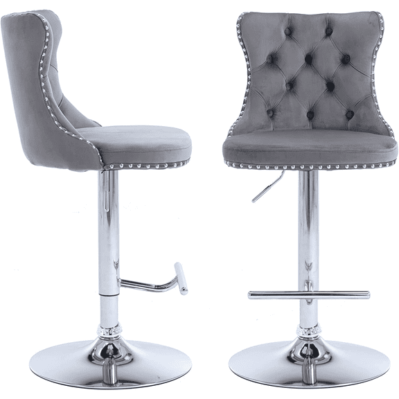 Bar Stools Set of 2, PAPROOS Swivel 25-33''Adjustable Height Bar Stools with Back, Gray Velvet Upholstered Counter & Bar Height Bar Stools with Button Tufted & Nail Trim for Kitchen Island