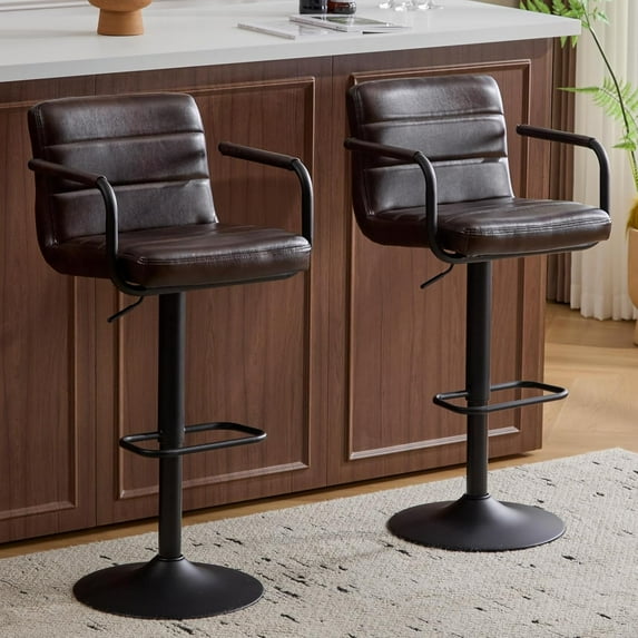 Bar Stools Set of 2, PU Leather Adjustable Height 360° Swivel Barstools with Backrest and Armrests, Counter Height Bar Chairs for Kitchen Island, Bar, Dining Room, Dark Brown