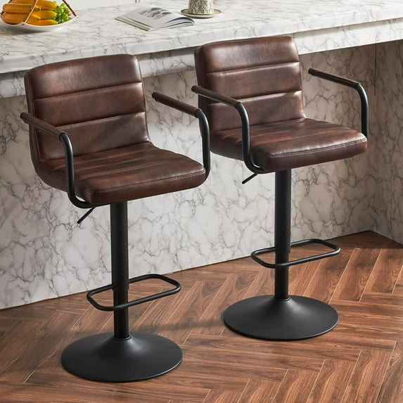 Bar Stools Set of 2, PU Leather Adjustable Height 360° Swivel Barstools with Backrest and Armrests, Counter Height Bar Chairs for Kitchen Island, Bar, Dining Room, Reddish Brown
