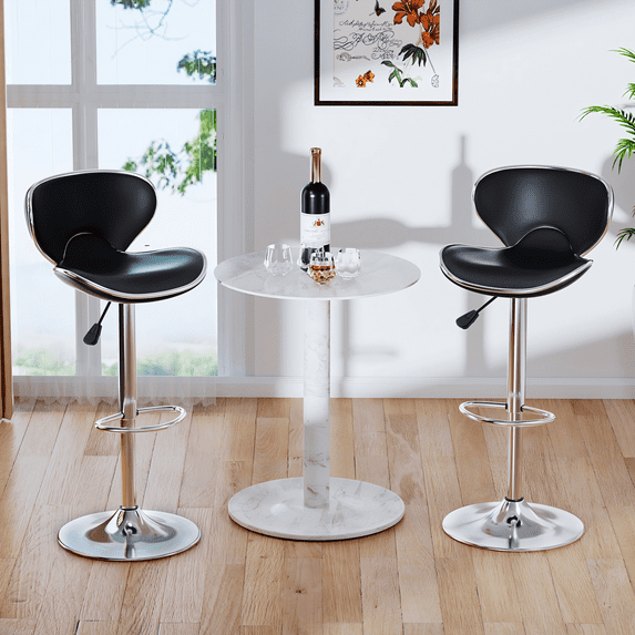Bar Stools Set of 2, PU Leather Adjustable Swivel Bar Chairs for Kitchen Counter Island, Modern Armless Shell-Shaped Counter Height Stools for Dining Room Café Pub (Black, Sliver Base)