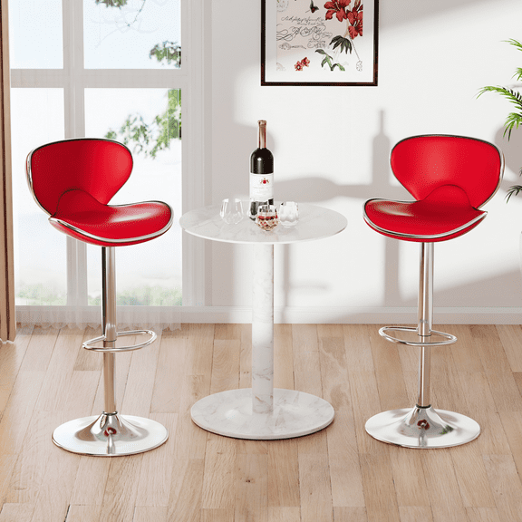 Bar Stools Set of 2, PU Leather Adjustable Swivel Bar Chairs for Kitchen Counter Island, Modern Armless Shell-Shaped Counter Height Stools for Dining Room Café Pub (Red)