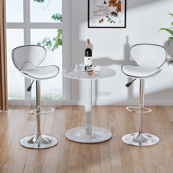 Bar Stools Set of 2, PU Leather Adjustable Swivel Bar Chairs for Kitchen Counter Island, Modern Armless Shell-Shaped Counter Height Stools for Dining Room Café Pub (White)