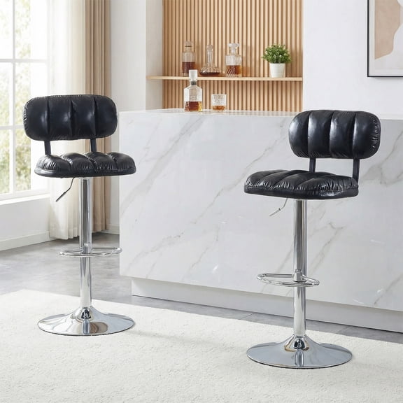 Bar Stools Set of 2, PU Leather Adjustable Swivel Barstools, Adjustable Height Bar Chairs with Chrome Base & Footrest for Kitchen Island, Pub, Bar - Black