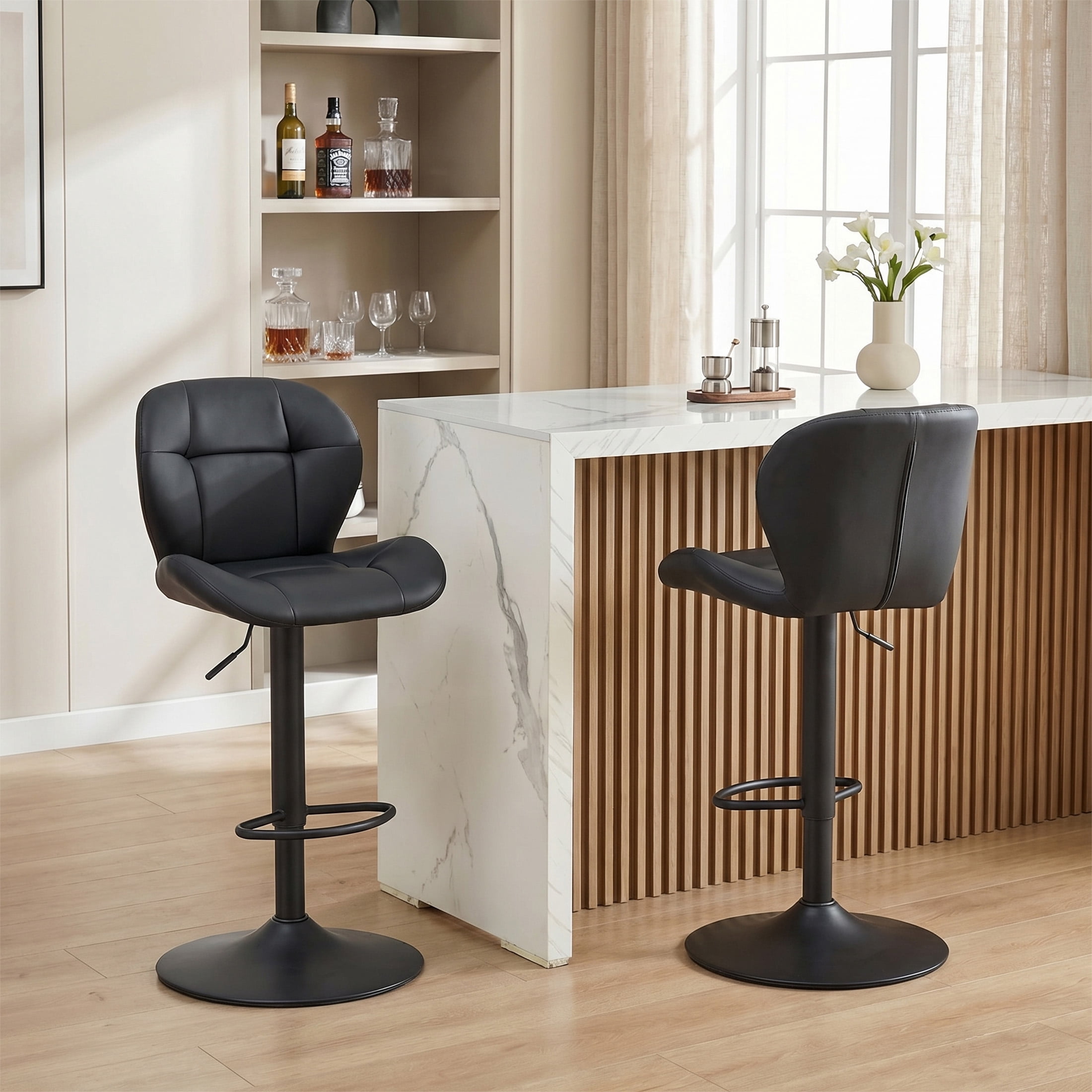 Bar Stools Set of 2, PU Leather Upholstered Adjustable Swivel Barstools, Adjustable Height Bar Chairs with Metal Base & Footrest for Kitchen Island, Pub, Bar - Black