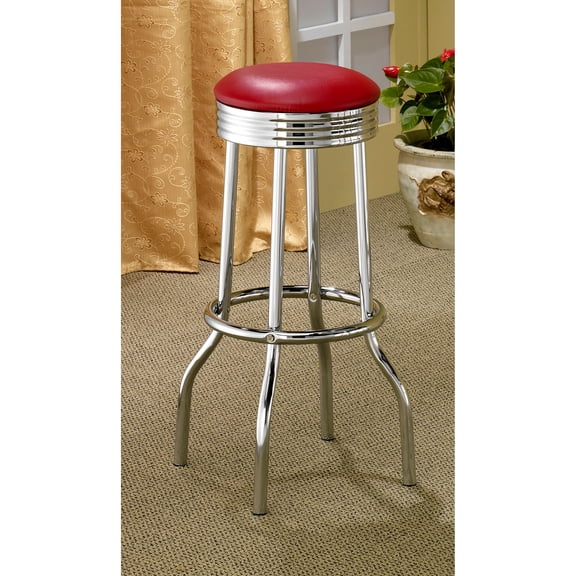 Bar Stools, Set of 2, Red Faux Leather Swivel Seats with Chrome Metal Legs, Retro 1950s Diner Style for Kitchen and Home Bar, 30" H x 19" W x 19" D, Contemporary Foam Padded Seating