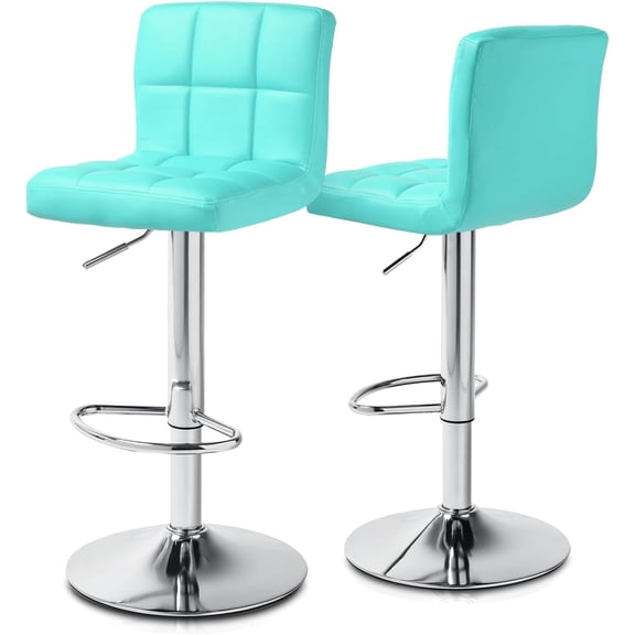 Bar Stools Set of 2, Square Leather Counter Height Bar Stools, 32" Seat Height Island Stools with Metal Legs, Armless Bar Chairs for Kitchen, Dining Room, Bar, Coffee Shop, Light Blue