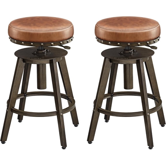Bar Stools, Set of 2, Steampunk Counter Stool for Kitchen, Adjustable Height and Swivel Padded Seat, Workbench Stool, 16.5 x 19.3 x 24.6-29.3 Inches, Caramel Brown