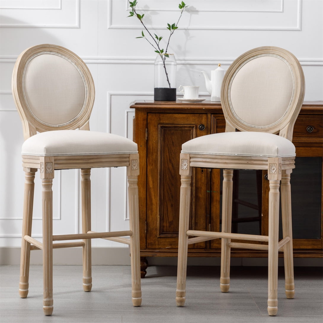 French Country Wooden Barstools Rattan Back with Upholstered Seating Set of 2 Natural