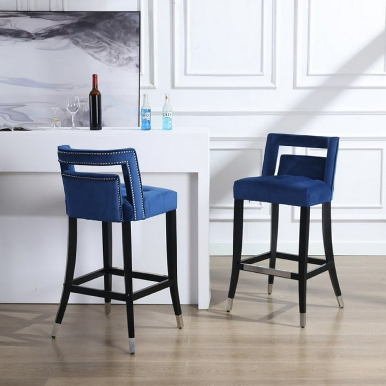 2-Pack Navy Blue Velvet Bar Stools, Counter Height with Nail Head