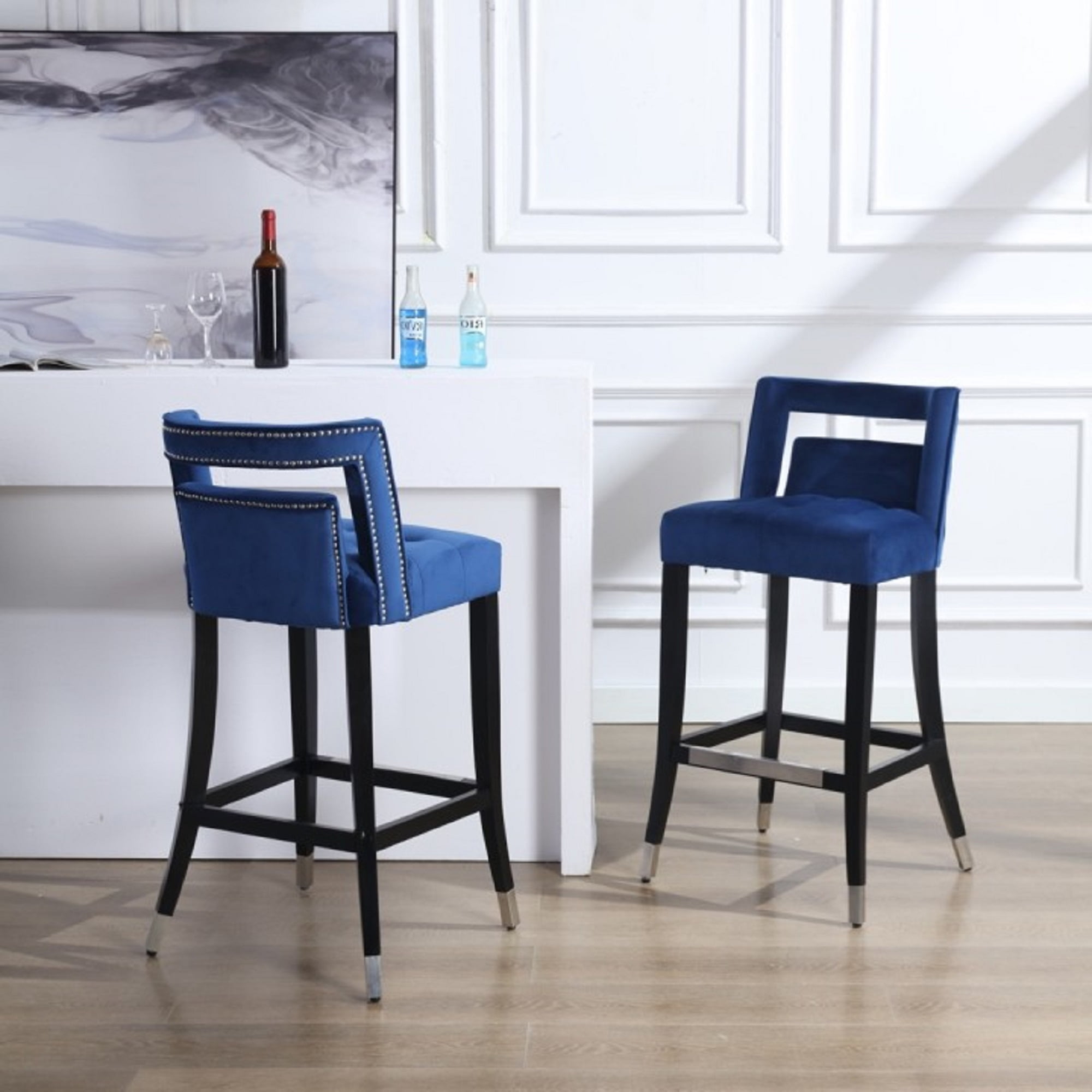 2pcs Modern Velvet Upholstery Barstool with Nailhead Trim and Footrest Navy Blue