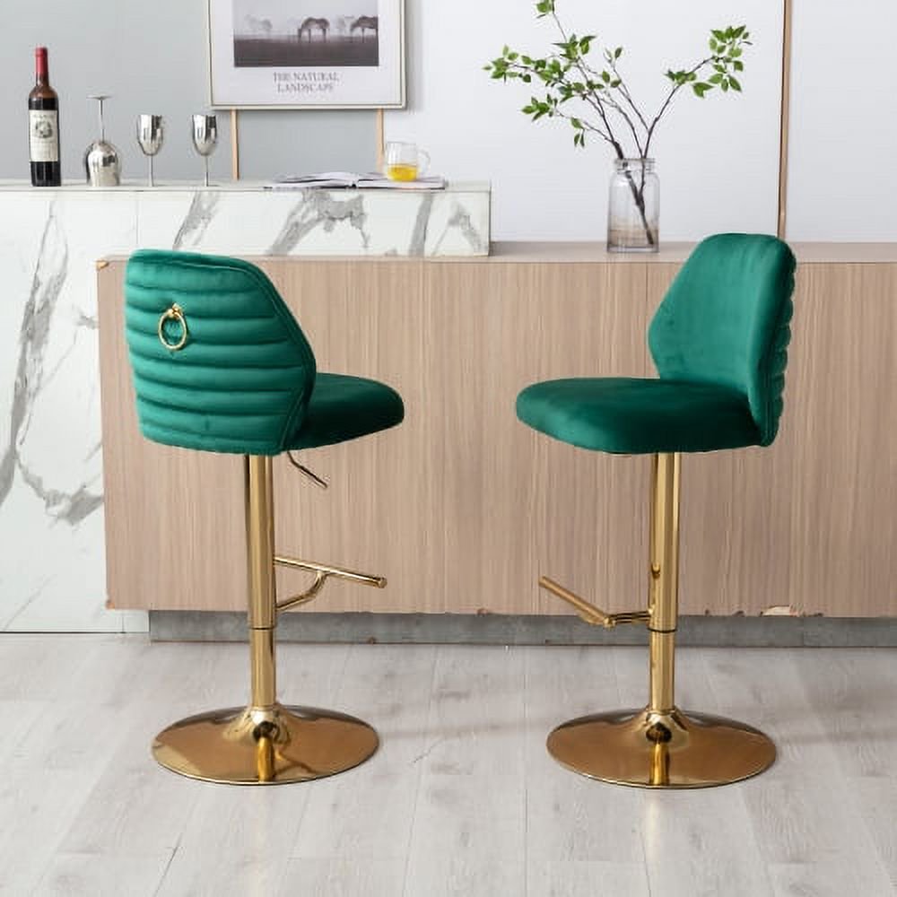 Bar Stools Set of 2, Swivel Bar Stools with Adjustable Counter Height,  Golden Base, Velvet Upholstered Dining Chair with Tufted High Back & Ring  Pull