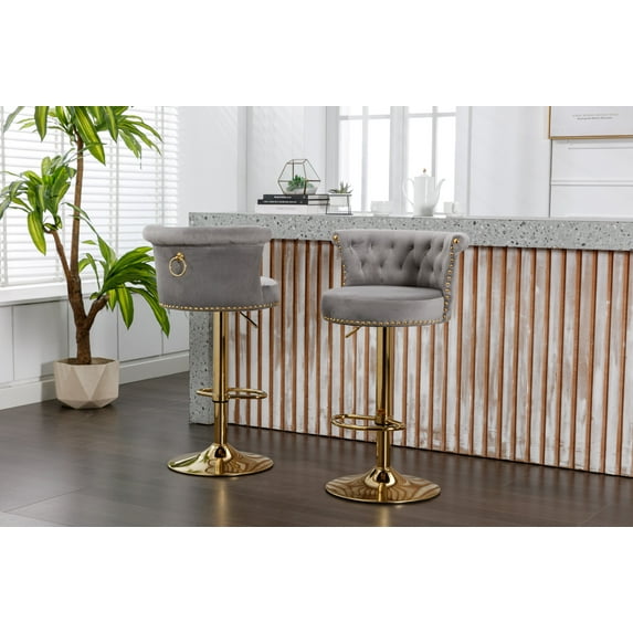 Bar Stools Set of 2, Swivel Counter Height Bar Stools with Adjustable Height and Footrest, Button Tufted Back Bar Chairs with Nail Trim Decoration for Home Bar Kitchen Island Cafe Pub, Gray