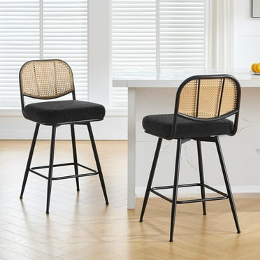 Bar Stools Set of 2 Swivel Upholstered Counter Height Bar Stools 26"Boucle Fabric Barstools with Rattan Back&Metal Footrest Comfortable Kitchen Island Chairs Black