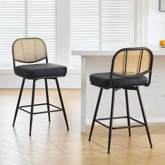 Bar Stools Set of 2 Swivel Upholstered Counter Height Bar Stools 26"Faux Leather Barstools with Rattan Back&Metal Footrest Comfortable Kitchen Island Chairs Black