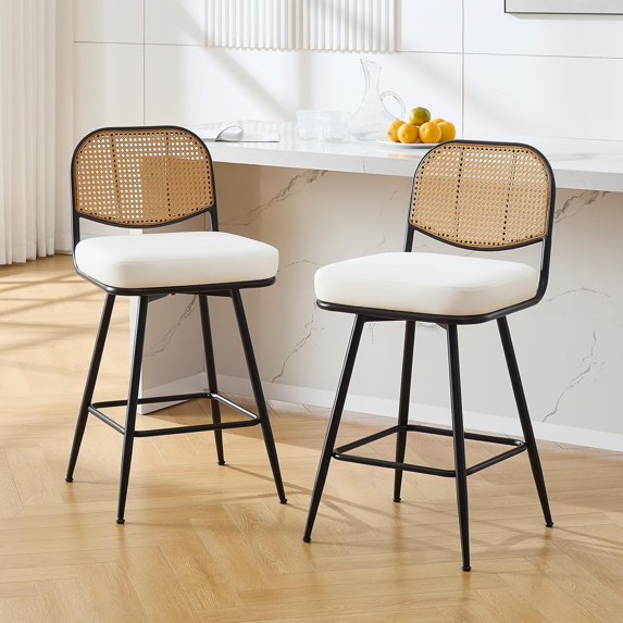 Bar Stools Set of 2 Swivel Upholstered Counter Height Bar Stools 29"Faux Leather Barstools with Rattan Back&Metal Footrest Comfortable Kitchen Island Chairs White