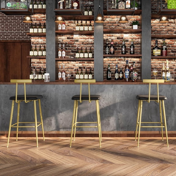 Bar Stools Set of 2, Tall Bar Stools with Backrest and Footrest, Counter Height Bar Chairs, Industrial Barstools with PU Leather Cushion, for Kitchen, Dining Room, Bar, Cafe (Gold)