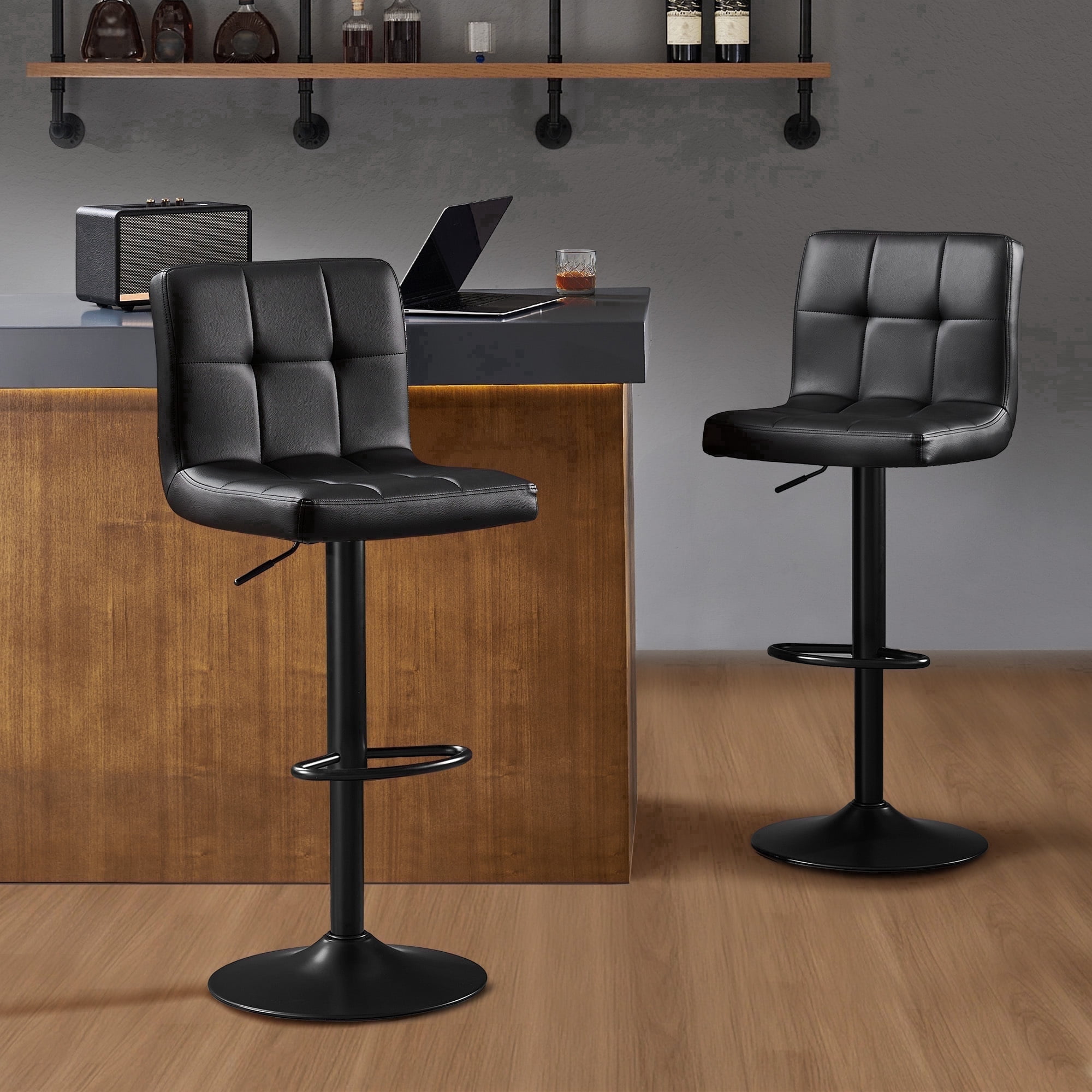 AUNEKIV Bar Stools Set of 2, Thickened Seat Cushion Square Swivel Bar Stools with Back, Adjustable Counter Height Bar Chairs for Kitchen Island, Dining Room, Black with Black Base