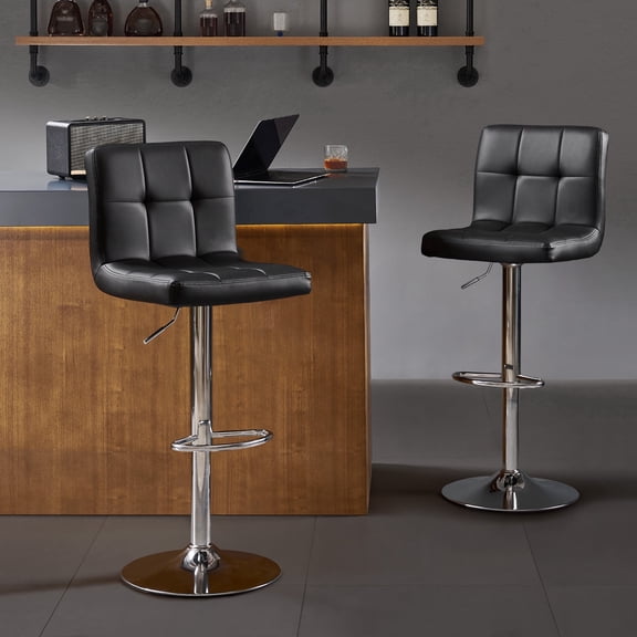 Bar Stools Set of 2, Thickened Seat Cushion Square Swivel Bar Stools with Back, Adjustable Counter Height Bar Chairs for Kitchen Island, Dining Room,Black with Silver Base