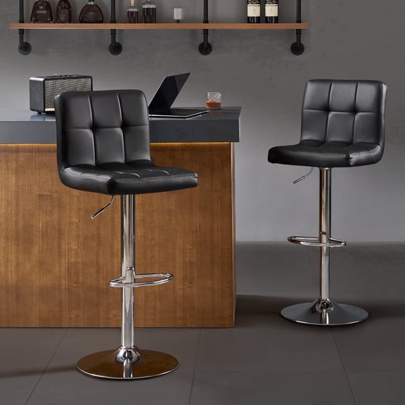 AUNEKIV Bar Stools Set of 2, Thickened Seat Cushion Square Swivel Bar Stools with Back, Adjustable Counter Height Bar Chairs for Kitchen Island, Dining Room,Black with Silver Base