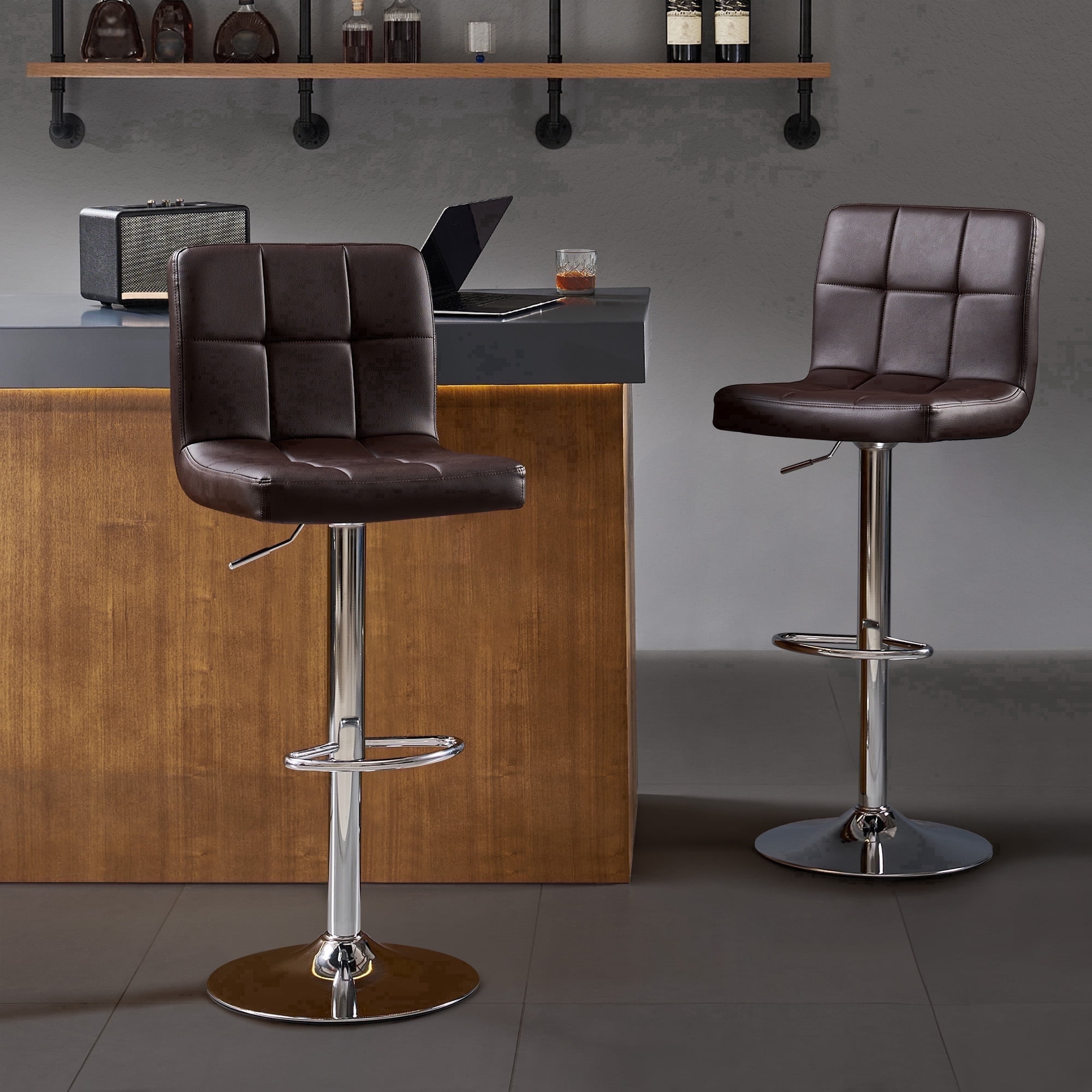 AUNEKIV Bar Stools Set of 2, Thickened Seat Cushion Square Swivel Bar Stools with Back, Adjustable Counter Height Bar Chairs for Kitchen Island, Dining Room, Darkbrown