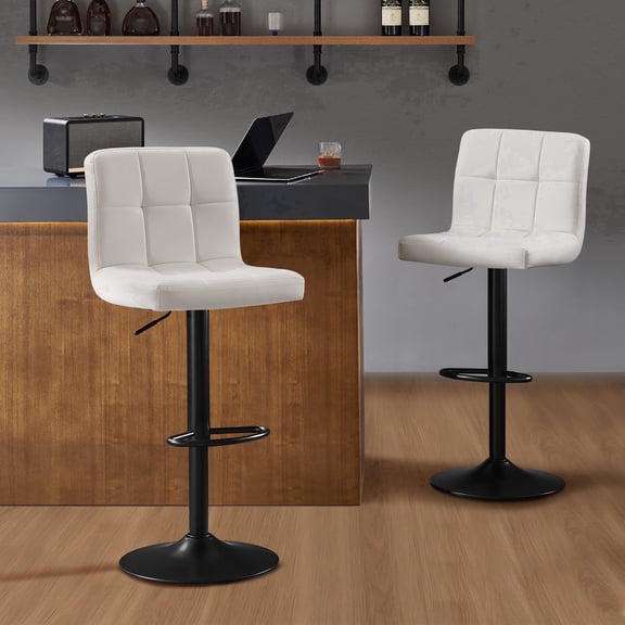 AUNEKIV Bar Stools Set of 2, Thickened Seat Cushion Square Swivel Bar Stools with Back, Adjustable Counter Height Bar Chairs for Kitchen Island, Dining Room, White with Black Base